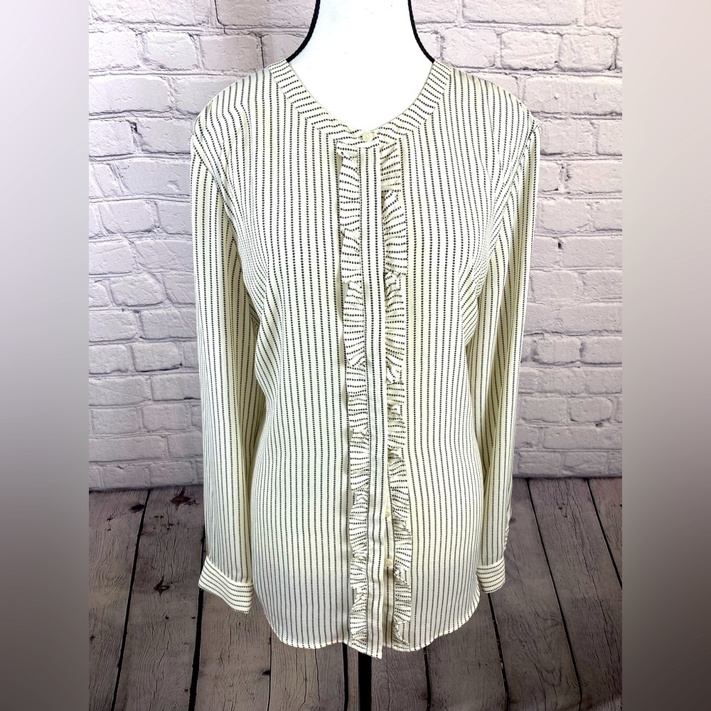 Talbots Striped Ruffle Blouse Button Down size Large